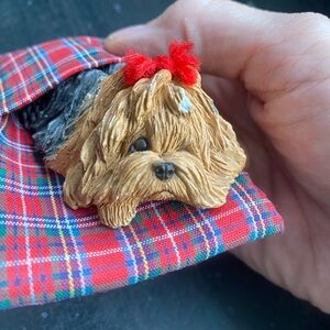 vintage sandicast yorkie yorkshire terrier pesky peppers in red plaid dog bed